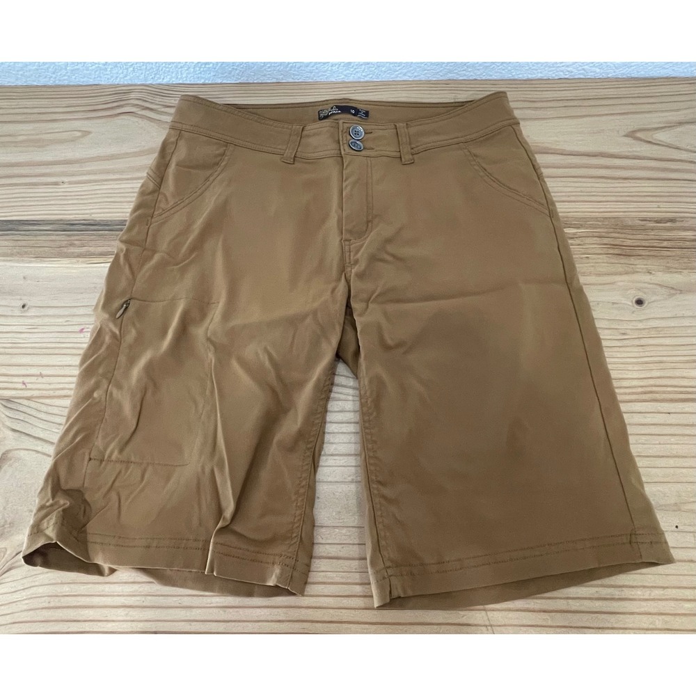 Prana Shorts 11" Inseam Women's 10 Tan Khaki Nylon Athleisure Camping Hiking